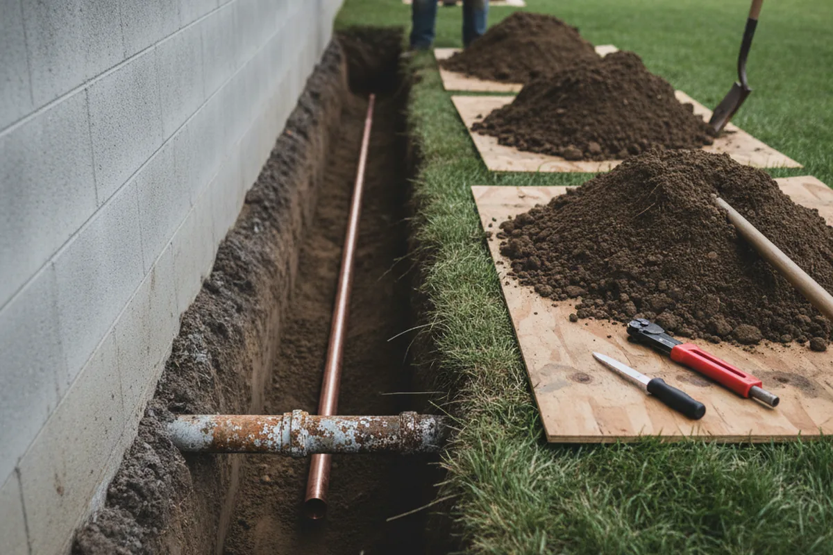 Excavated water line trench during Water Softener Installation in Bancroft